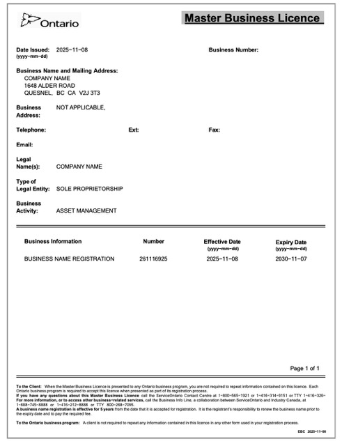 Canada Ontario master business licence Word and PDF template